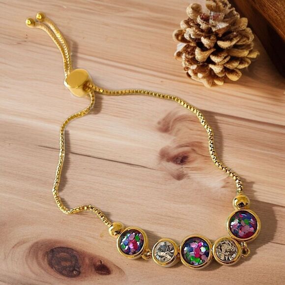 Rhinestone Bolo Bracelet Adjustable Bezel Set Confetti Gold Tone Multi Color - Picture 12 of 16